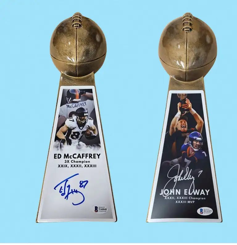 Elway & McCaffrey Signed Replica Super Bowl Trophies