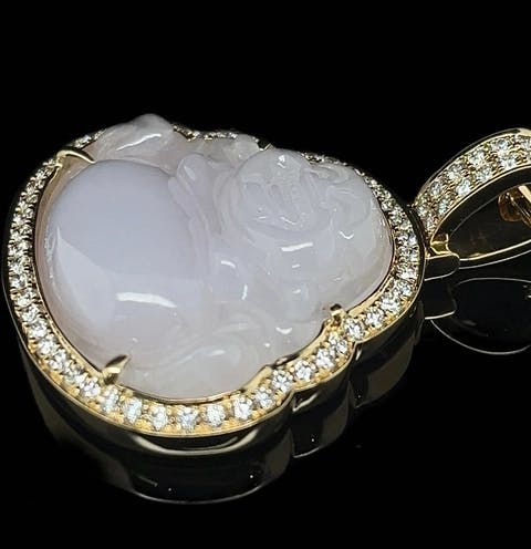 18KT Yellow Gold 1.05 Carat Diamond & Lavender Jade Buddha Necklace